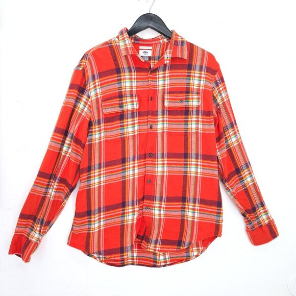 Old Navy Orange Navy Plaid Flannel Long Sleeve Button Front Shirt Men Size Larg - Picture 1 of 4